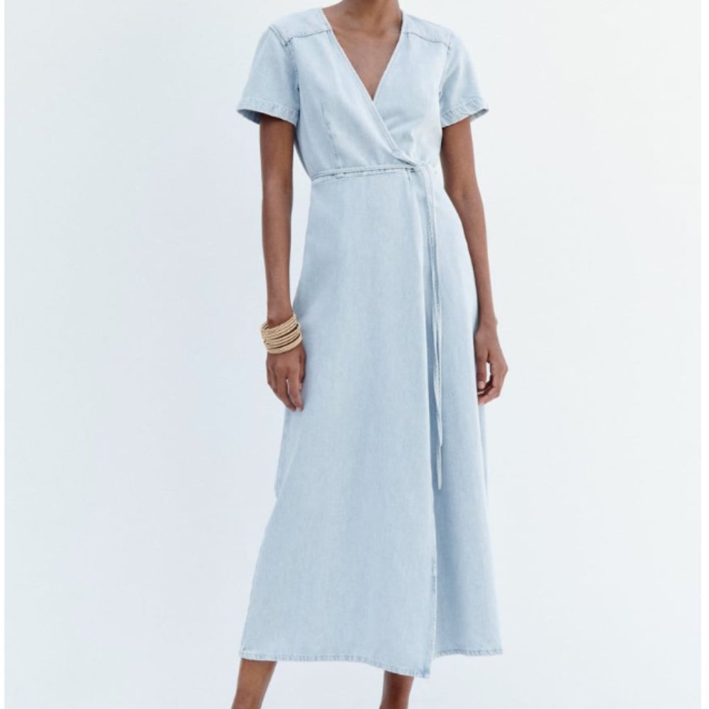 Zara Blue Midi Wrap Dress with V-Neck